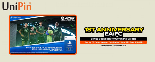 [1st Anniversary EA FC]! Top Up FC Points dengan PlayStation™ Store Gift Card di UniPin & Raih Cashback 10% Setiap Hari